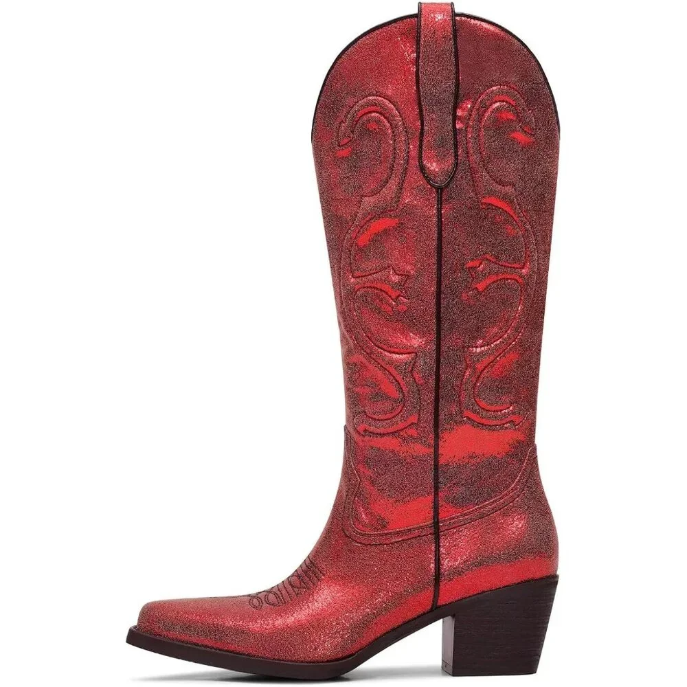 Women's Metallic Red Mid Calf Cowgirl Boots Pointed Toe Chunky Heel Embroidery - Picture 3 of 3